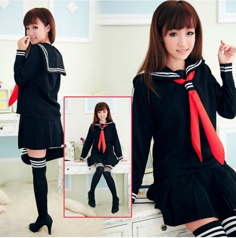 Elibelle Classic Japanese School Girls Sailor Dress Shirts Uniform Anime Cosplay Costumes with Socks Set(Black)(XXL = Asia XXXL)(SSF08BK) - Image 2